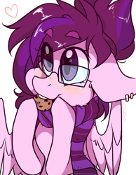 Size: 2893x3720 | Tagged: safe, artist:cookietasticx3, imported from derpibooru, oc, oc only, pegasus, pony, bust, clothes, cookie, ear piercing, earring, eating, female, food, glasses, heart, herbivore, high res, jewelry, mare, pegasus oc, piercing, scarf, simple background, solo, white background, wings