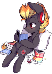 Size: 2893x4092 | Tagged: safe, artist:cookietasticx3, imported from derpibooru, oc, oc only, earth pony, pony, book, earth pony oc, headphones, high res, pillow, reading, simple background, sitting, solo, white background