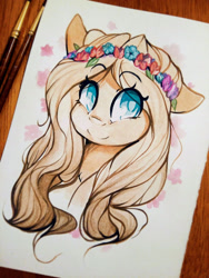 Size: 1200x1600 | Tagged: safe, artist:cookietasticx3, imported from derpibooru, oc, oc only, oc:winter star, pegasus, pony, bust, eyelashes, female, floral head wreath, flower, mare, pegasus oc, smiling, solo, traditional art, wings