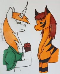 Size: 2467x3052 | Tagged: safe, artist:agdapl, imported from derpibooru, oc, oc only, earth pony, unicorn, clothes, cupcake, duo, earth pony oc, food, high res, hoof hold, horn, male, raised hoof, signature, traditional art, unicorn oc