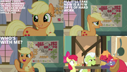 Size: 1280x720 | Tagged: safe, edit, edited screencap, editor:quoterific, imported from derpibooru, screencap, apple bloom, applejack, big macintosh, granny smith, earth pony, pony, going to seed, season 9, spoiler:s09, cute, eyes closed, female, filly, food, jackabetes, male, mare, missing accessory, pancakes, stallion