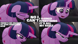 Size: 1280x720 | Tagged: safe, edit, edited screencap, editor:quoterific, imported from derpibooru, screencap, twilight sparkle, alicorn, pony, my little pony: the movie, crying, crylight sparkle, female, mare, no i can't i ruined everything, open mouth, sad, solo, twilight sparkle (alicorn)