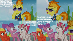 Size: 1280x720 | Tagged: safe, edit, edited screencap, editor:quoterific, imported from derpibooru, screencap, angel wings, loosey-goosey, short fuse, spitfire, pegasus, pony, top bolt, female, male, mare, open mouth, stallion, sunglasses