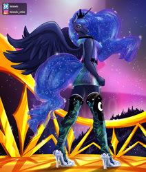 Size: 1000x1180 | Tagged: safe, artist:tiakaneko, imported from derpibooru, princess luna, alicorn, anthro, clothes, commission, crown, digital art, dress, female, high heels, horn, implied tail hole, jewelry, looking at you, looking back, looking back at you, rear view, regalia, shoes, socks, solo, solo female, spread wings, stockings, tail, thigh highs, wing hole, wings