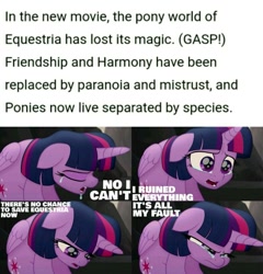 Size: 785x818 | Tagged: safe, edit, edited screencap, editor:quoterific, imported from derpibooru, screencap, twilight sparkle, alicorn, pony, my little pony: the movie, spoiler:g5, caption, crying, crylight sparkle, female, g5, g5 collapse of equestria, mare, meme, no i can't i ruined everything, op can't let go, open mouth, sad, solo, text, twilight ruined everything, twilight sparkle (alicorn)