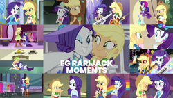 Size: 1280x721 | Tagged: safe, edit, edited screencap, editor:quoterific, imported from derpibooru, screencap, applejack, rarity, camping must-haves, dance magic, equestria girls, equestria girls (movie), equestria girls series, friendship games, happily ever after party, legend of everfree, lost and found, rainbow rocks, rollercoaster of friendship, shake your tail, super squad goals, spoiler:eqg series (season 2), spoiler:eqg specials, applejack's hat, bass guitar, belt, blonde hair, blue eyes, blushing, boots, bracelet, clothes, cowboy boots, cowboy hat, cowgirl, crossed arms, cute, cutie mark, cutie mark on clothes, denim skirt, dress, duo, duo female, eyes closed, fashionista, female, freckles, geode of shielding, geode of super strength, girly girl, green eyes, guitar, hairpin, happy, hat, helmet, high heels, indoors, jackabetes, jewelry, kneeling, lesbian, light skin, magical geodes, musical instrument, necklace, one eye closed, open mouth, orange skin, outdoors, ponied up, purple hair, raised leg, raribetes, rarijack, rarity peplum dress, selfie soot, shipping, shirt, shoes, shorts, skirt, smiling, t-shirt, tomboy, white skin, wink