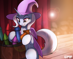 Size: 2500x2000 | Tagged: safe, artist:gasmaskfox, imported from derpibooru, trixie, pony, unicorn, cape, clothes, digital art, female, fireworks, hat, high res, mare, smiling, solo, stage, trixie's cape, trixie's hat