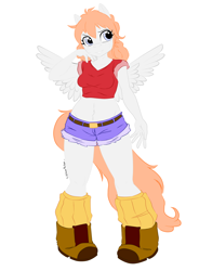 Size: 1400x1900 | Tagged: safe, alternate version, artist:zcomic, imported from derpibooru, oc, oc only, oc:strobe light, oc:strobe-light, oc:strobelight, anthro, pegasus, belly button, boots, breasts, clothes, commission, digital art, female, midriff, niclove, pigeon toed, shirt, shoes, short shirt, shorts, simple background, solo, solo female, spread wings, tail, thighs, white background, wide hips, wings