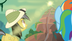 Size: 5926x3333 | Tagged: safe, artist:lincolnbrewsterfan, imported from derpibooru, daring do, rainbow dash, pegasus, pony, daring doubt, .svg available, butt, concerned, female, glare, hat, lens flare, looking up, low angle, mare, mountain, plot, rear view, scenery, sky, stairs, sun glare, sunrise, svg, temple, vector, worm's eye view