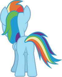 Size: 4868x6067 | Tagged: safe, artist:lincolnbrewsterfan, derpibooru exclusive, imported from derpibooru, rainbow dash, pegasus, pony, derpibooru, daring doubt, .svg available, butt, featureless crotch, female, folded wings, juxtaposition, looking forward, mare, meta, plot, rainbutt dash, rear view, simple background, solo, standing, svg, transparent background, vector, wings