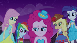 Size: 1920x1080 | Tagged: safe, imported from derpibooru, screencap, applejack, fluttershy, pinkie pie, rainbow dash, rarity, equestria girls, equestria girls (movie), bare shoulders, bracelet, canterlot high, clothes, cowboy hat, fall formal outfits, female, frown, hat, humane five, jewelry, lip bite, night, open mouth, sad, sleeveless, strapless, teeth
