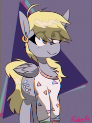 Size: 900x1200 | Tagged: safe, artist:provolonepone, imported from derpibooru, derpy hooves, pegasus, pony, 80s, chest fluff, clothes, cutie mark, ear piercing, earring, eye clipping through hair, female, jewelry, mare, piercing, solo