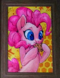 Size: 515x664 | Tagged: safe, artist:megabait, imported from derpibooru, pinkie pie, oc, pony, cookie, female, food, traditional art