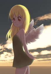Size: 4381x6319 | Tagged: safe, artist:lemon08151, imported from derpibooru, derpy hooves, equestria girls, absurd resolution, bare shoulders, blushing, clothes, cloud, cute, derpabetes, disney, disney fairies, dress, female, moe, pixiv, sky, solo, spread wings, tinkerbell, wings