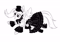 Size: 7016x4961 | Tagged: safe, alternate version, artist:lemon08151, imported from derpibooru, derpy hooves, pegasus, pony, 2017, absurd resolution, black and white, boots, clockwork, clothes, cog, cute, derpabetes, dress, female, flower, grayscale, hat, hoof boots, mare, monochrome, open mouth, pixiv, shoes, simple background, skirt, solo, steampunk, white background