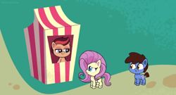 Size: 1360x732 | Tagged: safe, imported from derpibooru, screencap, fluttershy, kindling spirit, earth pony, pegasus, pony, communication shakedown, my little pony: pony life, spoiler:pony life s02e18, background pony, bedroom eyes, bipedal, booth, crystal empire carnival, cutie mark, female, g4.5, male, mare, pony life, smiling, stallion, teeth, trio, unnamed character, unnamed pony