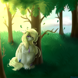 Size: 2449x2449 | Tagged: safe, artist:mediasmile666, imported from derpibooru, oc, oc only, pegasus, pony, cloud, ear piercing, evening, female, floppy ears, grass, high res, jewelry, mare, pendant, piercing, sky, solo, tree