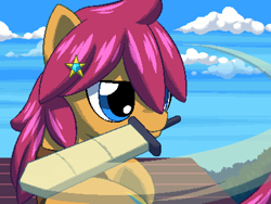 Size: 800x600 | Tagged: safe, artist:rangelost, imported from derpibooru, oc, oc only, oc:trailblazer, earth pony, pony, cyoa:d20 pony, bust, cloud, female, lidded eyes, mare, mouth hold, outdoors, pixel art, sky, sword, weapon