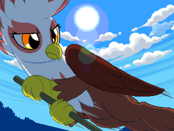 Size: 800x600 | Tagged: safe, artist:rangelost, imported from derpibooru, oc, oc only, oc:gerwalta, griffon, cyoa:d20 pony, backlighting, claw hold, cloud, female, griffon oc, leaping, lens flare, looking back, outdoors, pixel art, sky, solo, sun