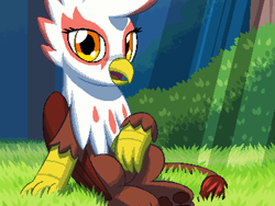 Size: 800x600 | Tagged: safe, artist:rangelost, imported from derpibooru, oc, oc only, oc:gerwalta, griffon, cyoa:d20 pony, bush, female, grass, griffon oc, looking at you, outdoors, paw pads, pixel art, sitting, solo, tree