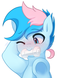 Size: 1411x1865 | Tagged: safe, artist:maren, imported from derpibooru, oc, oc only, oc:blue chewings, earth pony, pony, blushing, chew toy, cute, earth pony oc, mouth hold, ocbetes, one eye closed, simple background, solo, sweat