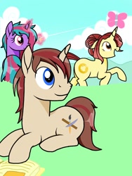 Size: 768x1024 | Tagged: safe, artist:windy breeze, imported from derpibooru, oc, oc only, pony, unicorn, book, cloud, female, happy, kite, looking back, magic, male, mare, running, sitting, sky, stallion, string