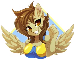 Size: 1051x846 | Tagged: safe, artist:xnightmelody, imported from derpibooru, oc, oc only, oc:static spark, anthro, pegasus, breasts, happy, looking at you, smiling, smiling at you, solo, spread wings, wings