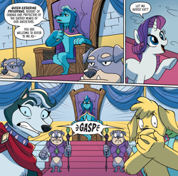 Size: 1832x1812 | Tagged: safe, artist:briannacherrygarcia, idw, imported from derpibooru, rarity, diamond dog, pony, unicorn, spoiler:comic, spoiler:comicannual2021, clothes, collar, covering mouth, female, female diamond dog, fiona floppyears, gasp, guard, indiana embereyes, katherina proudpaws, male, mare, queen, royalty, scepter, season 10, sitting, throne, unamused, vest