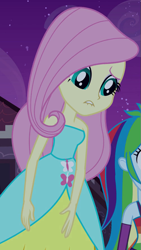 Size: 501x890 | Tagged: safe, imported from derpibooru, screencap, fluttershy, rainbow dash, equestria girls, equestria girls (movie), bare shoulders, cropped, fall formal outfits, lip bite, sleeveless, strapless