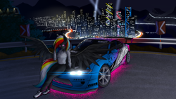 Size: 2560x1440 | Tagged: safe, artist:darky_wings, imported from derpibooru, oc, oc only, oc:darky wings, anthro, pegasus, plantigrade anthro, pony, car, city, clothes, female, lights, neon, night, night city, nissan silvia, tires, underglow