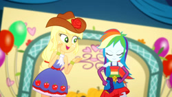 Size: 3410x1920 | Tagged: safe, imported from derpibooru, screencap, applejack, rainbow dash, a photo booth story, eqg summertime shorts, equestria girls, bare shoulders, belt, clothes, cowboy hat, cutie mark, cutie mark on clothes, duo, duo female, eyes closed, fall formal outfits, female, fingerless gloves, gloves, hat, open mouth, sleeveless, strapless