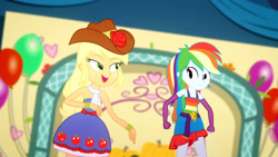 Size: 3410x1920 | Tagged: safe, imported from derpibooru, screencap, applejack, rainbow dash, a photo booth story, eqg summertime shorts, equestria girls, bare shoulders, belt, clothes, cowboy hat, cutie mark, cutie mark on clothes, duo, duo female, fall formal outfits, female, fingerless gloves, gloves, hat, open mouth, sleeveless, smiling, strapless