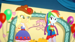 Size: 3410x1920 | Tagged: safe, imported from derpibooru, screencap, applejack, rainbow dash, a photo booth story, eqg summertime shorts, equestria girls, bare shoulders, belt, clothes, cowboy hat, cutie mark, cutie mark on clothes, duo, duo female, fall formal outfits, female, fingerless gloves, gloves, hat, looking at each other, open mouth, sleeveless, smiling, strapless