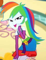 Size: 1110x1456 | Tagged: safe, imported from derpibooru, screencap, applejack, rainbow dash, a photo booth story, eqg summertime shorts, equestria girls, cropped, faic, fall formal outfits, female, offscreen character, sleeveless, smug, smugdash, solo focus