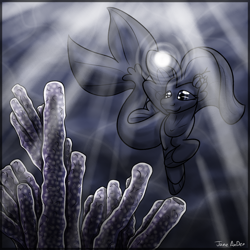 Size: 1200x1200 | Tagged: safe, artist:jane-ander, imported from derpibooru, princess skystar, seapony (g4), my little pony: the movie, coral, crepuscular rays, female, fins, fish tail, flower, flower in hair, glow, glowing, inktober, ocean, smiling, solo, sunlight, swimming, tail, underwater, water, wings