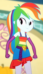 Size: 881x1515 | Tagged: safe, imported from derpibooru, screencap, rainbow dash, a photo booth story, eqg summertime shorts, equestria girls, belt, clothes, cropped, cutie mark, cutie mark on clothes, fall formal outfits, female, fingerless gloves, gloves, long gloves, sleeveless, smiling, solo