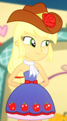 Size: 971x1741 | Tagged: safe, imported from derpibooru, screencap, applejack, a photo booth story, eqg summertime shorts, equestria girls, bare shoulders, clothes, cropped, cute, dress, fall formal outfits, hands behind back, jackabetes, sleeveless, smiling, solo, strapless, the photo booth story