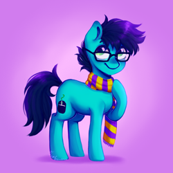 Size: 2000x2000 | Tagged: safe, artist:zowzowo, imported from derpibooru, oc, oc only, earth pony, pony, blue mane, blue pony, clothes, commission, computer mouse, full body, fullbody, glasses, green eyes, high res, hoof on chest, male, purple background, scarf, simple background, solo, standing, three quarter view