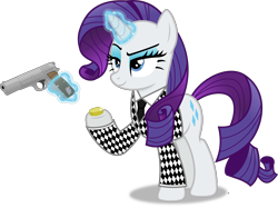 Size: 4945x3699 | Tagged: safe, artist:anime-equestria, imported from derpibooru, rarity, pony, unicorn, absurd resolution, alternate clothes, bit, bits, clothes, coin, eyeshadow, fallout, fallout: new vegas, female, gun, handgun, hi-power, horn, levitation, magic, makeup, mare, necktie, pistol, simple background, smiling, solo, suit, tack, telekinesis, transparent background, vector, weapon