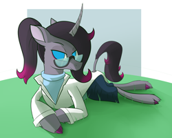 Size: 2500x2000 | Tagged: safe, artist:hitsuji, imported from derpibooru, oleander, unicorn, them's fightin' herds, clothes, community related, glasses, high res, lab coat, looking at you, lying down, oleander (tfh), ponytail, simple background, skirt, solo