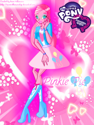 Size: 1200x1600 | Tagged: safe, artist:ravenvillanuevat2p, imported from derpibooru, pinkie pie, human, equestria girls, bracelet, clothes, crossover, cutie mark, high heels, humanized, jewelry, shoes, style emulation, winx, winx club, winxified