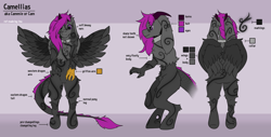 Size: 4240x2160 | Tagged: safe, artist:ina, imported from derpibooru, oc, oc only, oc:camellias, draconequus, bunny ears, changeling leg, chest fluff, collar, corrupted, draconequus oc, dragon claw, dragon tail, fluffy, fluffy tail, full body, griffon claw, horns, magenta mane, markings, messy mane, pony leg, purple eyes, reference sheet, solo, wings