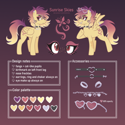 Size: 3500x3500 | Tagged: safe, artist:kikirdcz, imported from derpibooru, oc, oc only, oc:sunrise skies, pegasus, pony, choker, fangs, female, high res, mare, piercing, reference sheet, solo