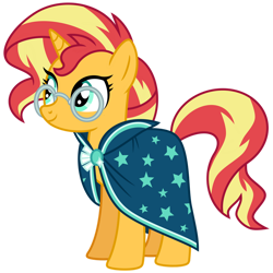 Size: 1024x1024 | Tagged: safe, artist:emeraldblast63, imported from derpibooru, sunburst, sunset shimmer, unicorn, brooch, brother and sister, cloak, clothes, clothes swap, cute, glasses, implied sunburst, jewelry, shimmerbetes, siblings, solo, sunburst's brooch, sunburst's cloak, sunny siblings