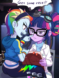 Size: 680x900 | Tagged: safe, artist:ta-na, imported from derpibooru, rainbow dash, sci-twi, twilight sparkle, eqg summertime shorts, equestria girls, equestria girls series, mad twience, alternate hairstyle, ass, bags under eyes, book, boop, butt, clothes, dialogue, energy drink, fangs, glasses, headband, hoodie, lab coat, lidded eyes, monster energy, rainbutt dash, requested art, sci-twi is not amused, science, short hair, sweat, tired, twilight is not amused, twilight sparkle is not amused, unamused, wristband