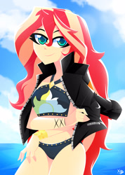 Size: 2249x3153 | Tagged: safe, artist:xan-gelx, imported from derpibooru, sunset shimmer, equestria girls, bikini, breasts, clothes, female, high res, jacket, looking at you, smiling, solo, summer sunset, sunset shimmer's beach shorts swimsuit, swimsuit