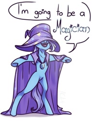 Size: 640x840 | Tagged: safe, artist:aca-4, imported from derpibooru, trixie, pony, unicorn, bipedal, cape, clothes, cute, diatrixes, hat, smiling, trixie's cape, trixie's hat, younger