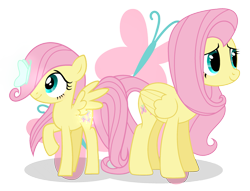 Size: 2501x1909 | Tagged: safe, artist:starshine-sentryyt, imported from derpibooru, fluttershy, butterfly, pony, cutie mark background, duality, female, filly, filly fluttershy, self ponidox, simple background, time paradox, transparent background, younger