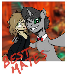 Size: 602x679 | Tagged: safe, artist:lightgraphicsdraws, imported from derpibooru, doctor whooves, time turner, oc, oc:11th mare doctor, oc:literate, earth pony, pony, unicorn, best friends, best friends forever, best friends until the end of time, bowtie, clothes, coat, collar, doctor who, fetlock tuft, friendship, glasses, jacket, photo, polaroid, selfie, tardis, tardis console room, tardis control room, the doctor, theterate
