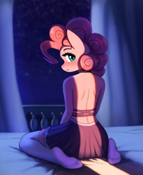 Size: 1639x2000 | Tagged: safe, artist:mrscroup, imported from derpibooru, pinkie pie, anthro, plantigrade anthro, adorasexy, bed, clothes, cute, diapinkes, female, looking at you, looking back, looking back at you, night, no tail, on bed, sexy, skirt, socks, solo, stocking feet